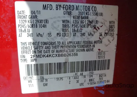 2011 Ford Edge Limited из США, поврежденный, VIN 2FMDK4KCXBBB26356